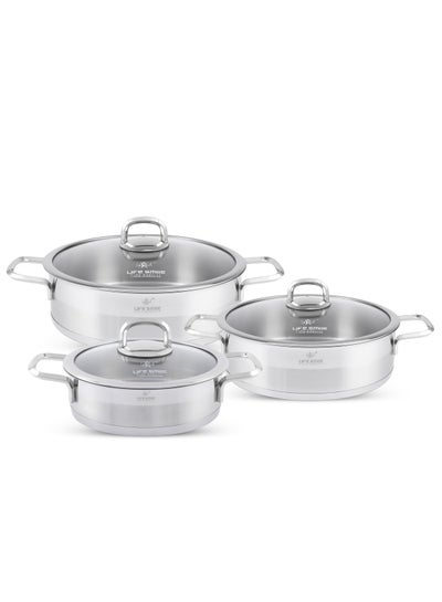 Buy 6-Piece President Series Premium 18/10 Stainless Steel Shallow Cooking Pot Set - Induction 3-Ply Thick Base Casserroles 20/24/28cm with Glass Lid for Even Heating Oven Safe Silver in UAE