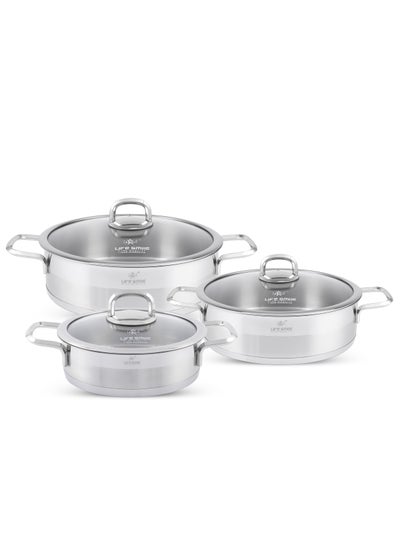 اشتري 6-Piece President Series Premium 18/10 Stainless Steel Shallow Cooking Pot Set - Induction 3-Ply Thick Base Casserroles 20/24/28cm with Glass Lid for Even Heating Oven Safe Silver في الامارات