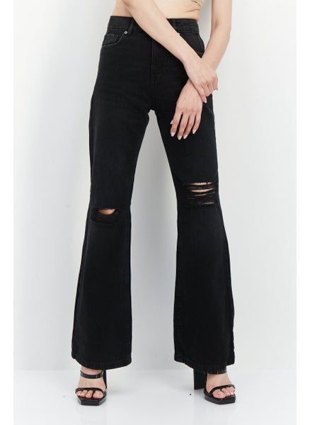 اشتري Women Wide Leg Ripped Non-Stretchable Denim Jeans, Black في السعودية