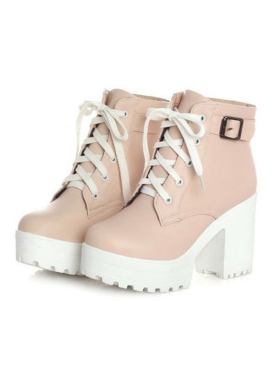 Buy Women's Chunky Heels Lace Up Ankle Boots Round Toe High Heeled Short Booties Pale Pink in Saudi Arabia