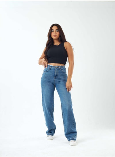 اشتري High-Waist Medium Wash Full Length Frayed Waistband Straight Leg Jeans. في السعودية