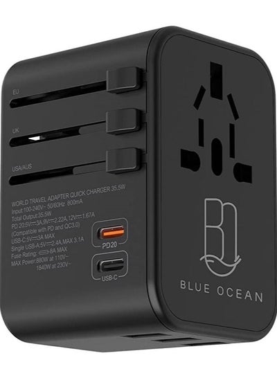 Buy BLUE OCEAN 35.5W Quick Charge Travel Adapter With 3 USB Ports  1 Type C 3.0A & 1 PD 20W QC 3.0 Universal Travel Adapter, One Adapter For Phones and devices, World Power Socket Plugs With Pouch- BLACK in UAE