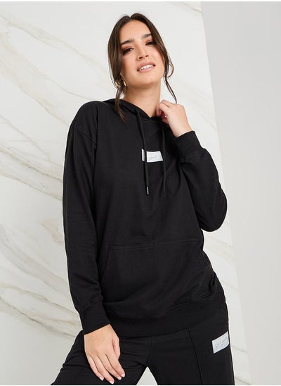 Buy Regular Fit Slogan Badge Longline Hoodie in Saudi Arabia