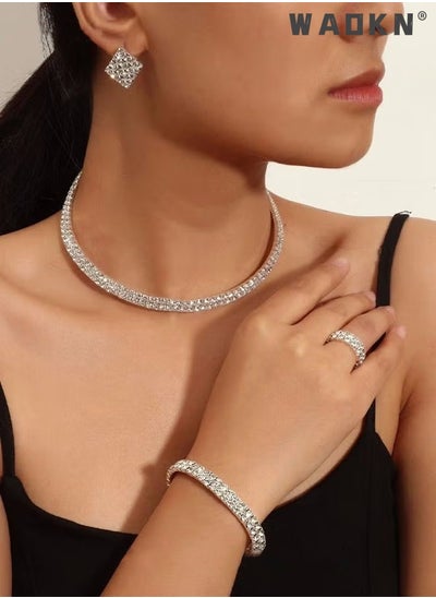 Buy 4 Pcs Rhinestone Choker Bracelet Ring Earrings Studs Set Double Row Round Diamond Collar Necklace Bridal Evening Dress Accessories for Women Bracelet Stretch Ring Bridal Party Jewelry Silver/Clear in Saudi Arabia