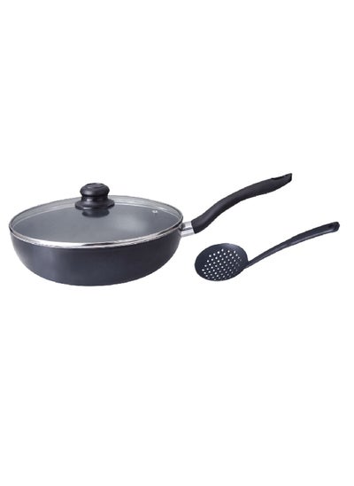 Buy Durable Aluminium Wok with Glass Lid and Slotted Skimmer Black 17 x 17 x 17 cm HS-4008-2-B in Saudi Arabia