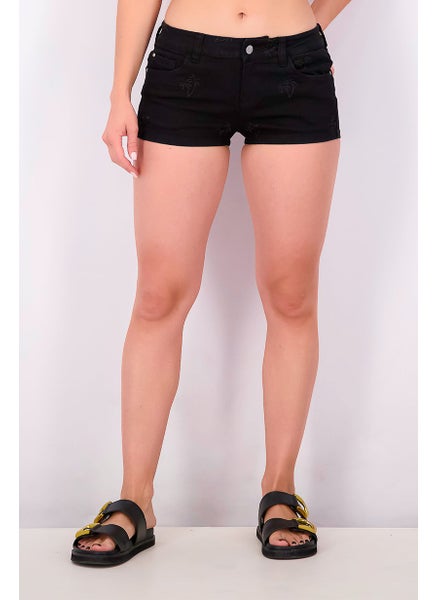 Buy Women Embroider Five Pocket Denim Shorts, Black in Saudi Arabia