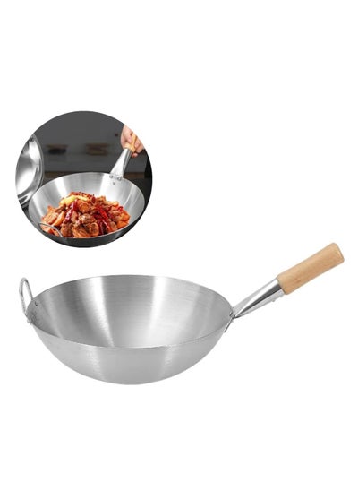 اشتري Stainless Steel Wok Pan Stir Fry Pan Deep Frying Wok Frying Skillet with Wooden Handle | 34cm في الامارات