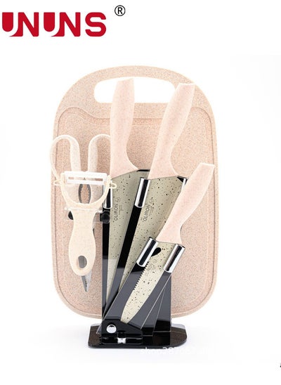 اشتري 7-Piece Kitchen Knive Set,Chopping Boards Set With 3 Knifes And 1 Scissor,Chef Chopping Board With Grooves For Meat Fruits Veggies,Dishwasher Safe,Beige في الامارات