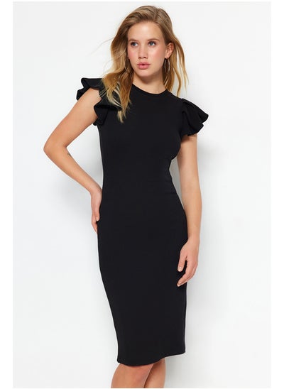 Buy Black Ribbed Sleeves Flounce Midi Knitted Dress TWOSS23EL01708 in Egypt