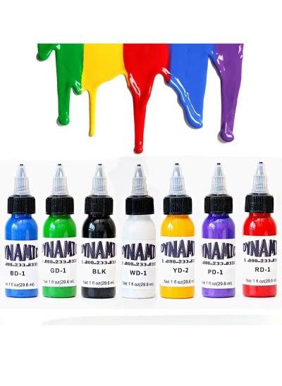 اشتري Tattoo Ink Set, 7 bottle Tattoo Ink 29.6ml/Bottle for 3D Makeup Beauty Skin Body Art, Tattoo Ink Pigment Set for Professionals and Beginners (Baby blue, grass green, black, white, golden yellow, purple, bright red) في السعودية