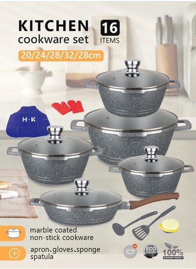 Buy 16-piece Set Kitchen Cookware Set，Aluminum Casserole Set Andfrying Pan，With Cover Cooking Pot，PFOA-free 20-24-28-32cm Casserole + 28cm Frying Pan+6 Kichen Item (Grey） in Saudi Arabia