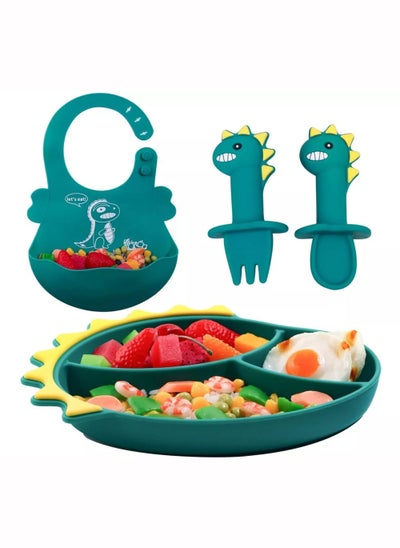 Buy 4 Pcs Baby Feeding Set, Silicone Baby Tableware Set, Dinosaur Baby Cutlery and Plates Set, Non-Slip Infant Dinnerware Set, Baby Self Feeding Utensils in UAE