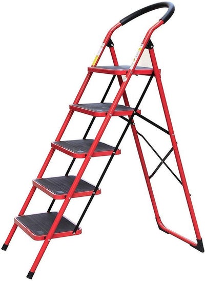 Buy Tamtek 5 Step Red Ladder Folding Heavy Duty Steel Ladder 150Kg Capacity ( 164X122X99Cm ), Rubber Pad Multi-Purpose Portable Ladder For Home, Kitchen, Garden, Office, Warehouse in UAE