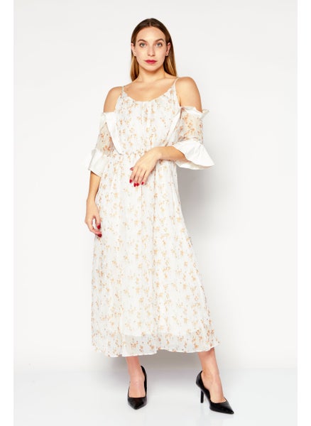 اشتري Women Floral Print Midi Dress, Light Beige في السعودية