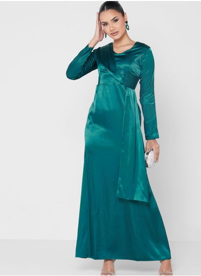 Buy Pleated Front Satin Dress in UAE