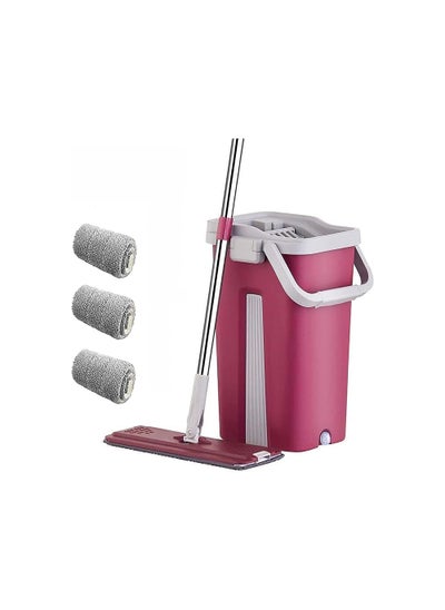 Buy Microfiber Flat Mop with Bucket, Cleaning Squeeze Hand Free Floor Mop, 3 Reusable Mop Pads, Stainless Steel Handle,360° Rotating Head Squeeze Flat Mop in UAE