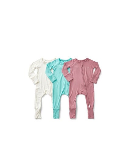 Buy Set of 3 Bamboo Spandex Zipper Sleepsuit- White/Sky/Lilac 3-6m in UAE