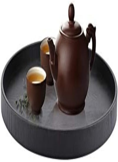 Buy Japanish Style Round Tray With Handle, Wooden Snack/Fruit/Food/Dinner/Drinks Serving Tray Plate. 37.5Cm (Black) in UAE