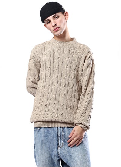 اشتري Round Neck Braided Knit Dark Beige Pullover في مصر