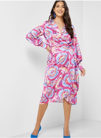 Buy Printed Puff Sleeve Wrap Dress in UAE