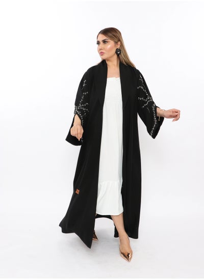 Buy Black abaya made of linen fabric with white embroidery on the sleeves in Saudi Arabia