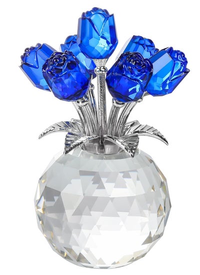 اشتري Crystal Blue Rose Flower Figurine, with Round Vase, Handmade Crystal Flower Figurine, Home Table Bouquet Flowers Decor Figurines في الامارات