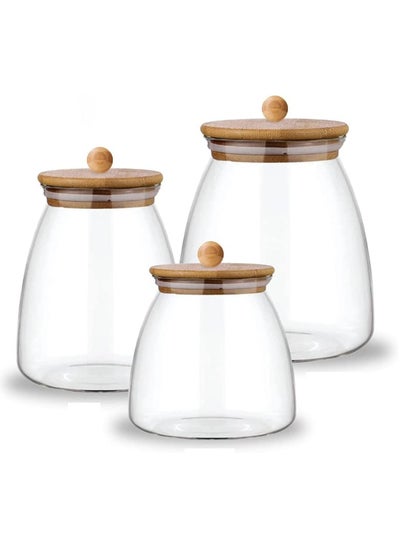 اشتري Glass Jar Canister 3Pc Set 500, 800, 1000 ML with Bamboo Lid Kitchen Container في الامارات