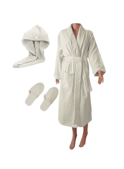 Buy A bathing set consisting of an XL robe with a hair wrap and a slipper, made of the finest types of cotton in Saudi Arabia