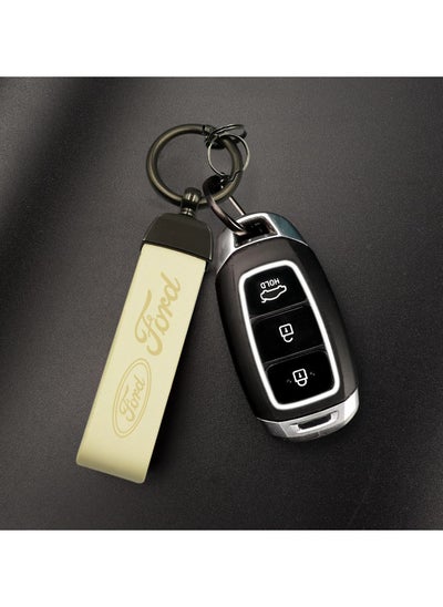 Buy FORD Metal Keychain With Leather Loop, Secure & Stylish Car Keychain Beige in Saudi Arabia