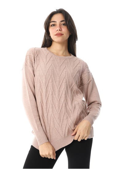 اشتري Cable Knitted Pattern Round Collar Pullover_Nude Pink في مصر