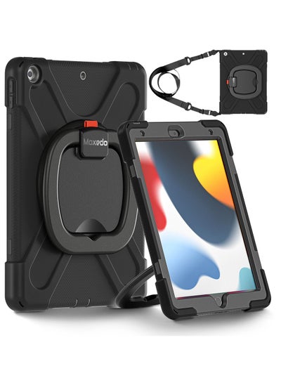 اشتري Moxedo Heavy Duty Shockproof Rugged Protective Colorful Case with 360 Rotating Kickstand , Shoulder Strap , Pen Holder for Kids Compatible for Apple iPad 10.2 2019 / 2020 / 2021 - Black في الامارات