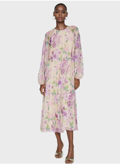 Buy Floral Tie Detail Pleated Dress in UAE