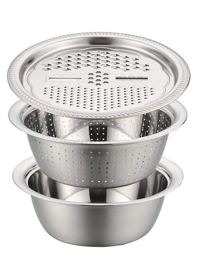 Buy Multifunctional 3-In-1 Stainless Steel Grater Basin Drain Basket Washing Bowl Set Silver 27*10.5*27cm in UAE