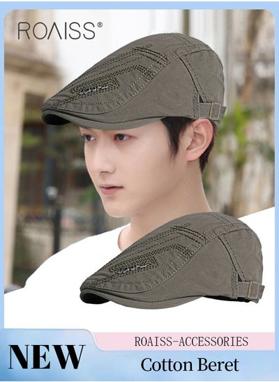 Buy Adjustable Newsboy Cap for Men Vintage Beret Flat Cap Breathable Hat Mens Summer Cotton Hat Golf Fishing Hat (Army Green, One Size) in UAE