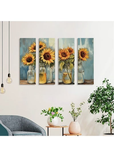 Buy 4 Panels Home Decor Rustic Wooden Framed Wall Art Print Artwork on Natural Wood Picture Painting for Room in UAE