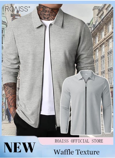 اشتري Men's Casual Zipper Open Close Coat Waffle Classic Polo Long Sleeve Cardigan Fashion Versatile Jacket في السعودية