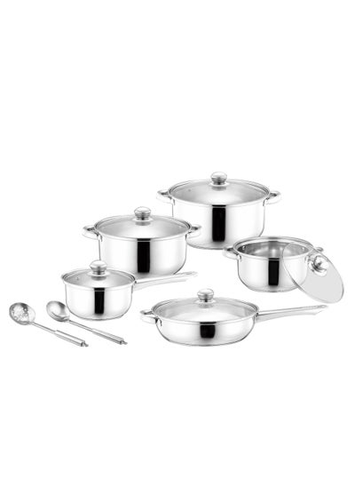 Buy 12 Piece Tri-ply Stainless Steel Cookware Set with Glass lid- Induction Compatible, Dishwasher Safe, Oven Safe, Ergonomic Handles, and Chrome Finish in Saudi Arabia