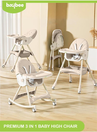 Buy IRIS 3 in 1 Baby High Chair For Kids, Baby Feeding Chair Booster Seat With Rocker, Wheels, Storage, Recline - Beige in UAE