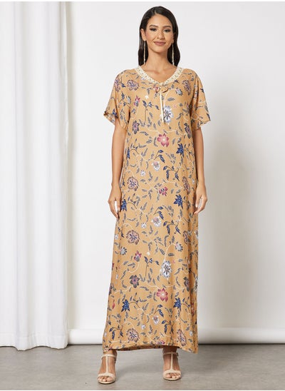 Buy Jalabiya With Abstract Print And Lace On Neckline in Saudi Arabia