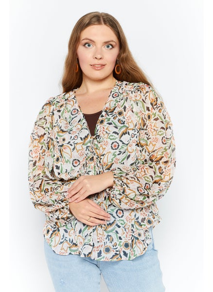 اشتري Women Tie Neck Bishop Sleeves Floral Print Blouse, Ivory Combo في الامارات