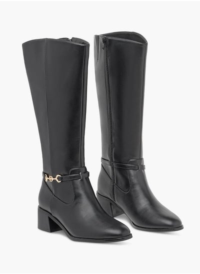 Buy Women Metal Accent High Shaft Boots with Block Heels and Zip Closure in UAE