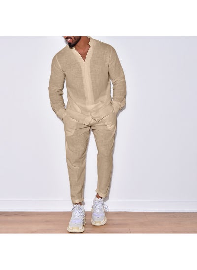 اشتري Cross-border European and American mens linen autumn leisure suit long sleeve conjoined overalls trousers foreign trade supply wholesale hot sale Beige في السعودية