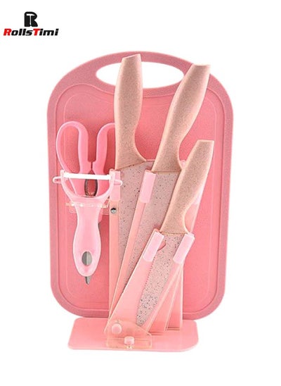 Buy 7-Piece Wheat Straw Kitchen Knife With Cutting Board Set Pink in UAE