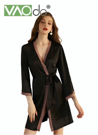 Buy Women's Bathrobe Light Luxury Ice Silk Satin Cool Feeling Nightgown Lace Edge Design Bathrobe Black in UAE