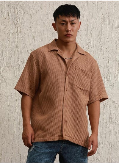 اشتري Brown Shirt for Men, Baggy Fit, Cotton Blend في الامارات