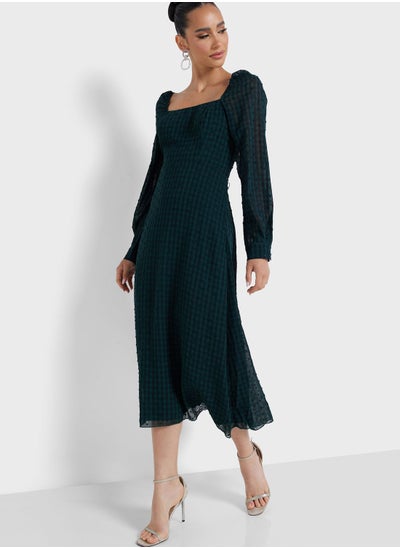 Buy Square Neck Puff Sleeve With Button Check Dress in UAE