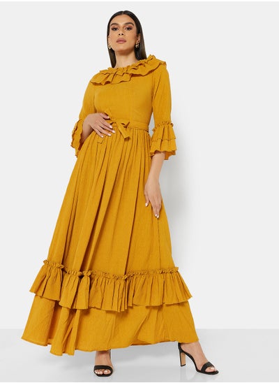 Buy Boat Neck Ruffle Detail Dress in UAE