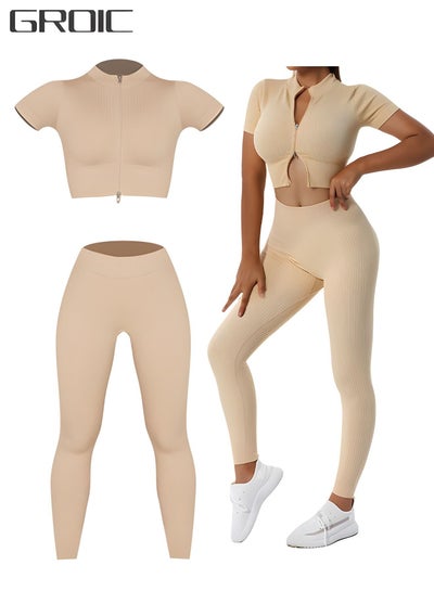 اشتري 2 Piece Yoga Sets for Women Zip Up Crop Tops Ribbed High Waist Pants Exercise Workout Outfits Yoga Gym Activewear Set(L) في الامارات