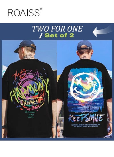 Buy 2Pcs Men's T-shirt Loose Version Trendy All-Match Pattern Printing Short Sleeves in Saudi Arabia