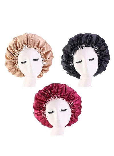 Buy 3-Piece Satin Bonnet Adjustable Sleep Cap for Women in UAE